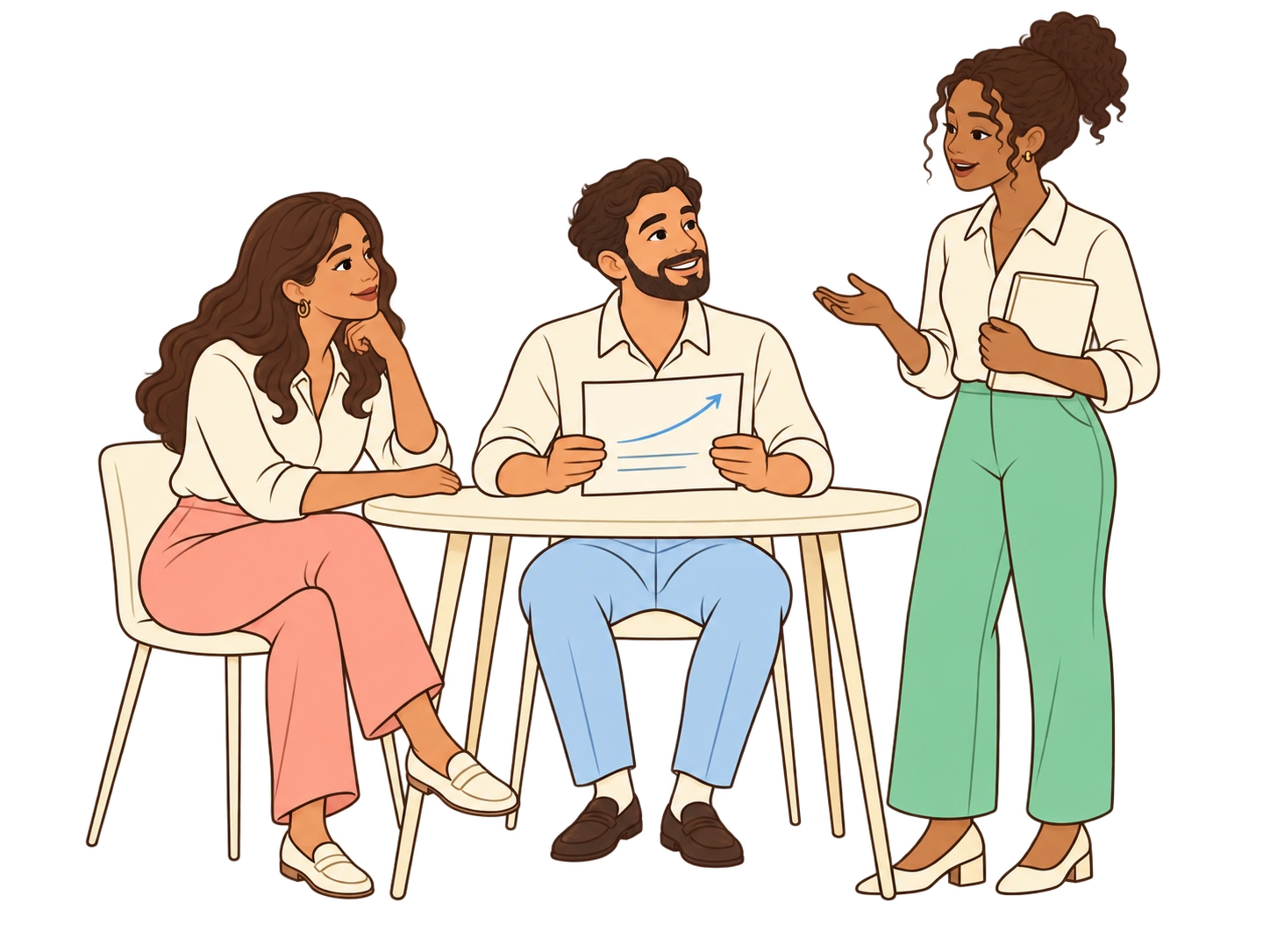 Three adult colleagues discuss an employee’s growth plan together, listening and sharing ideas around a table.
