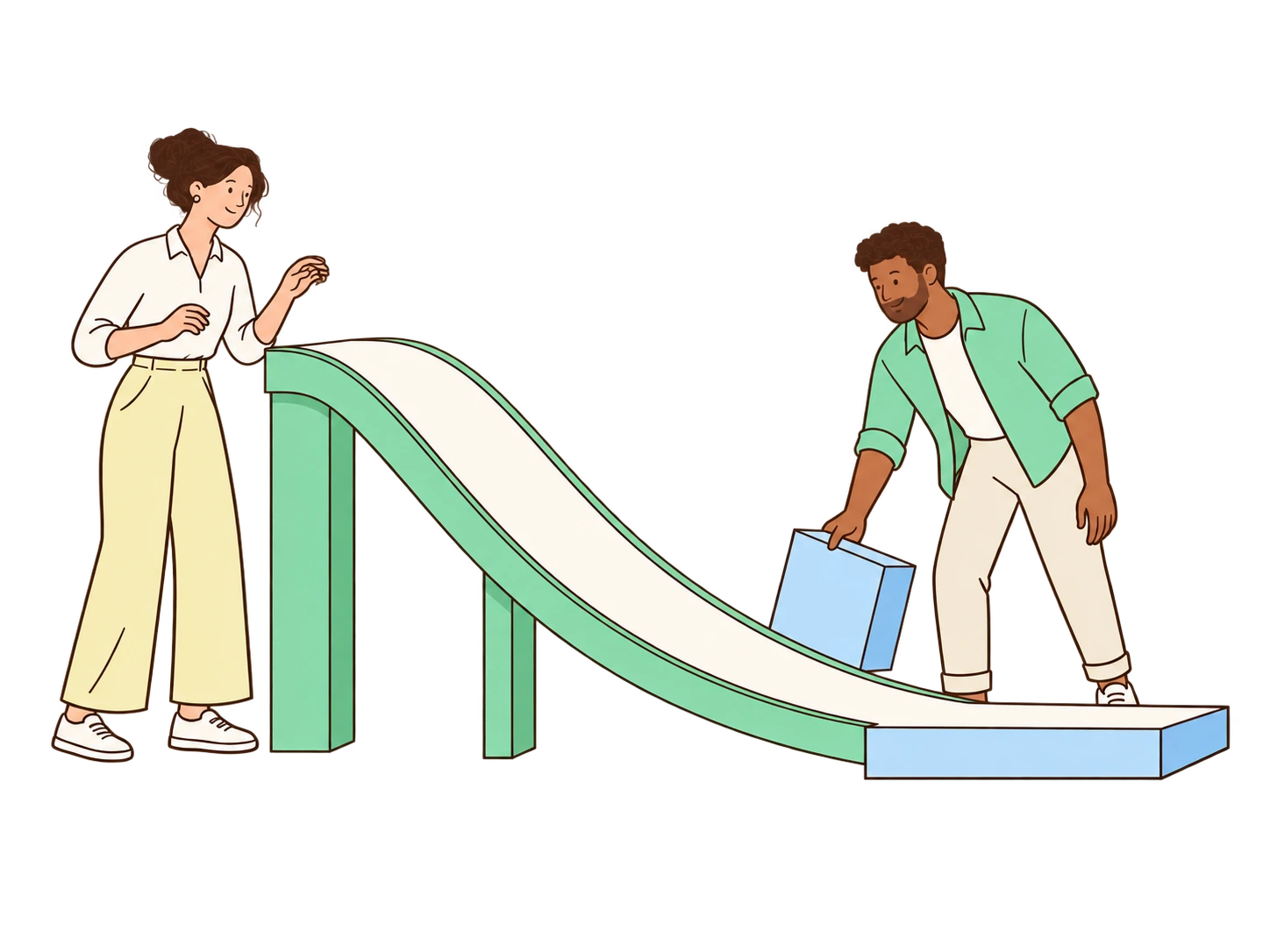 Two adult colleagues clear the way for a peach ball to roll smoothly down a mint ramp.