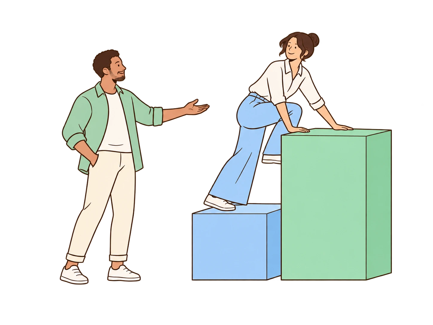 An adult climbs from a blue step onto a mint block, supported by a colleague and a peach step.