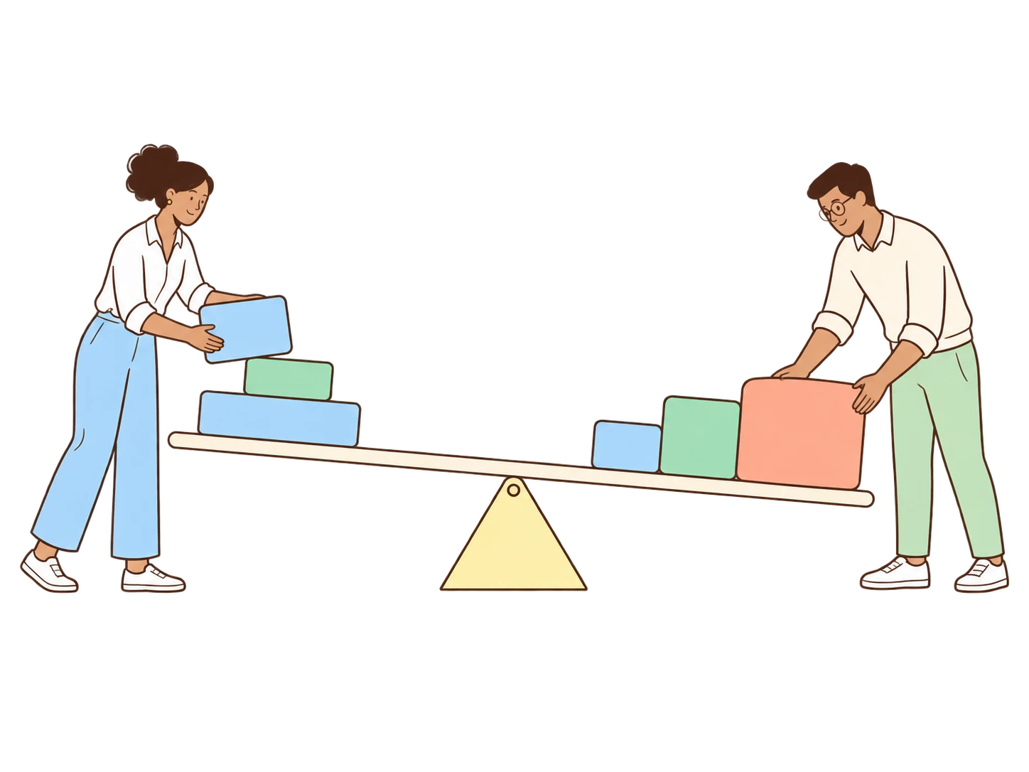 Two adult colleagues balance pastel modules on a beam over a yellow pivot, showing how teams fit together.