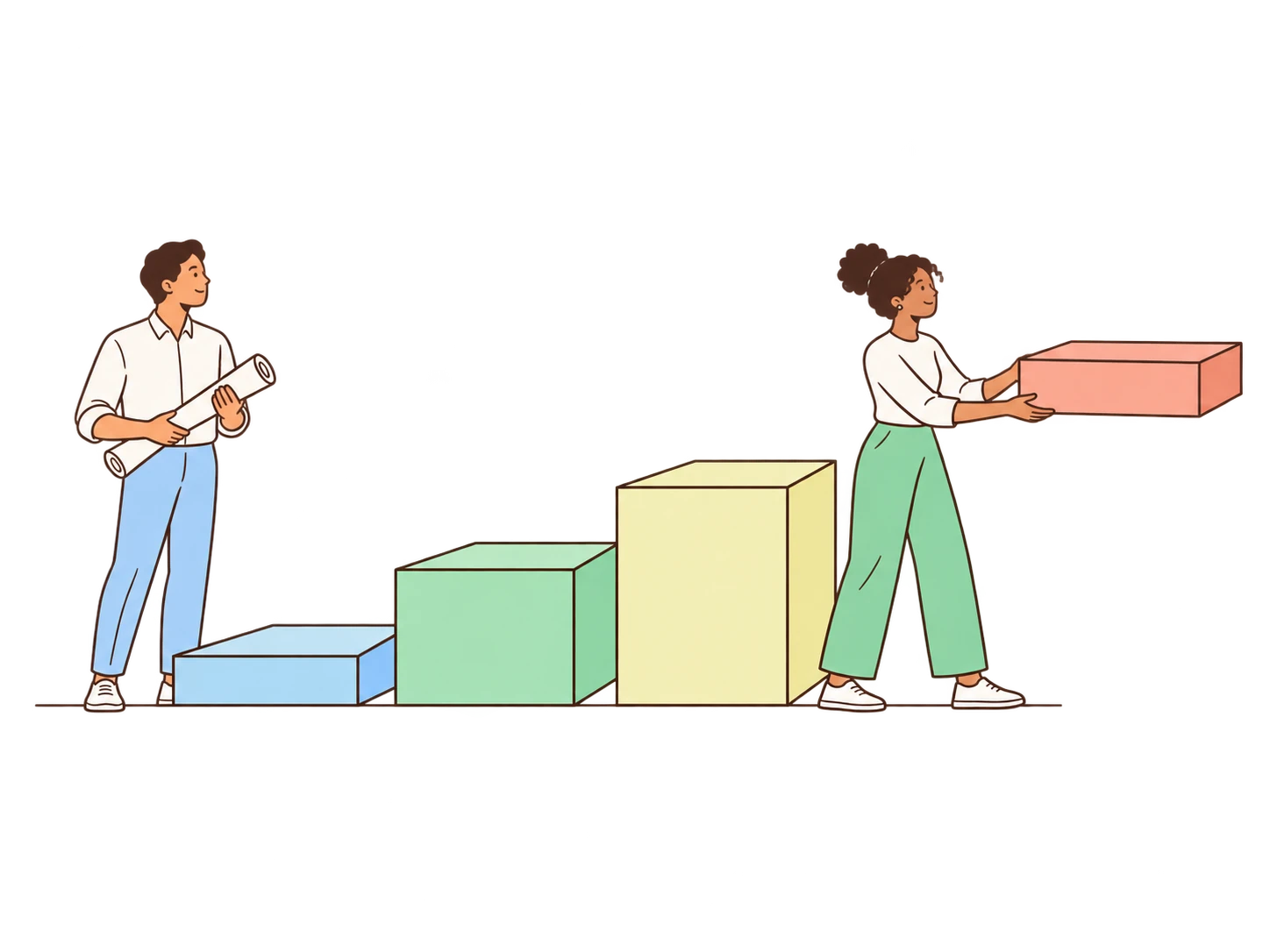 Two adult colleagues assemble a rising path of blue, mint and yellow platforms, with a peach platform for the next stage.